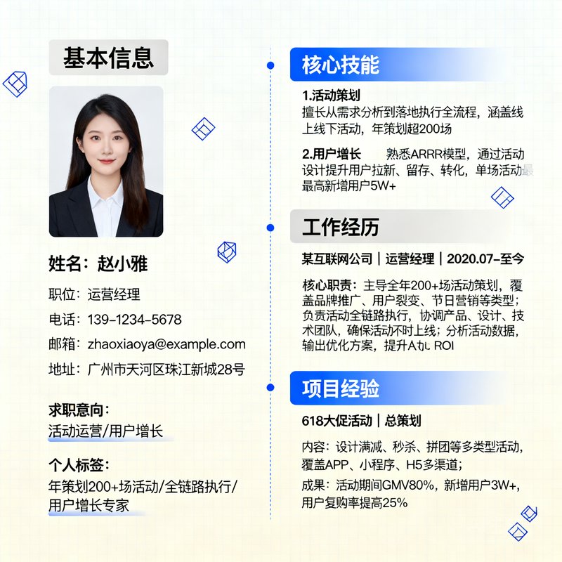 运营经理赵小雅，擅长活动策划与用户增长，年活动超200场